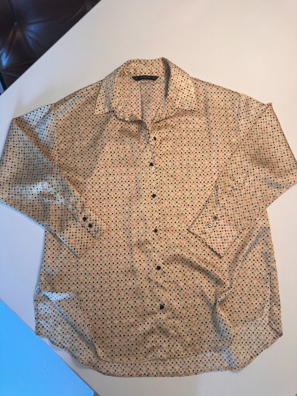 Zara Gold Red Black Polka Dot Button-Down Silky Collared Shirt